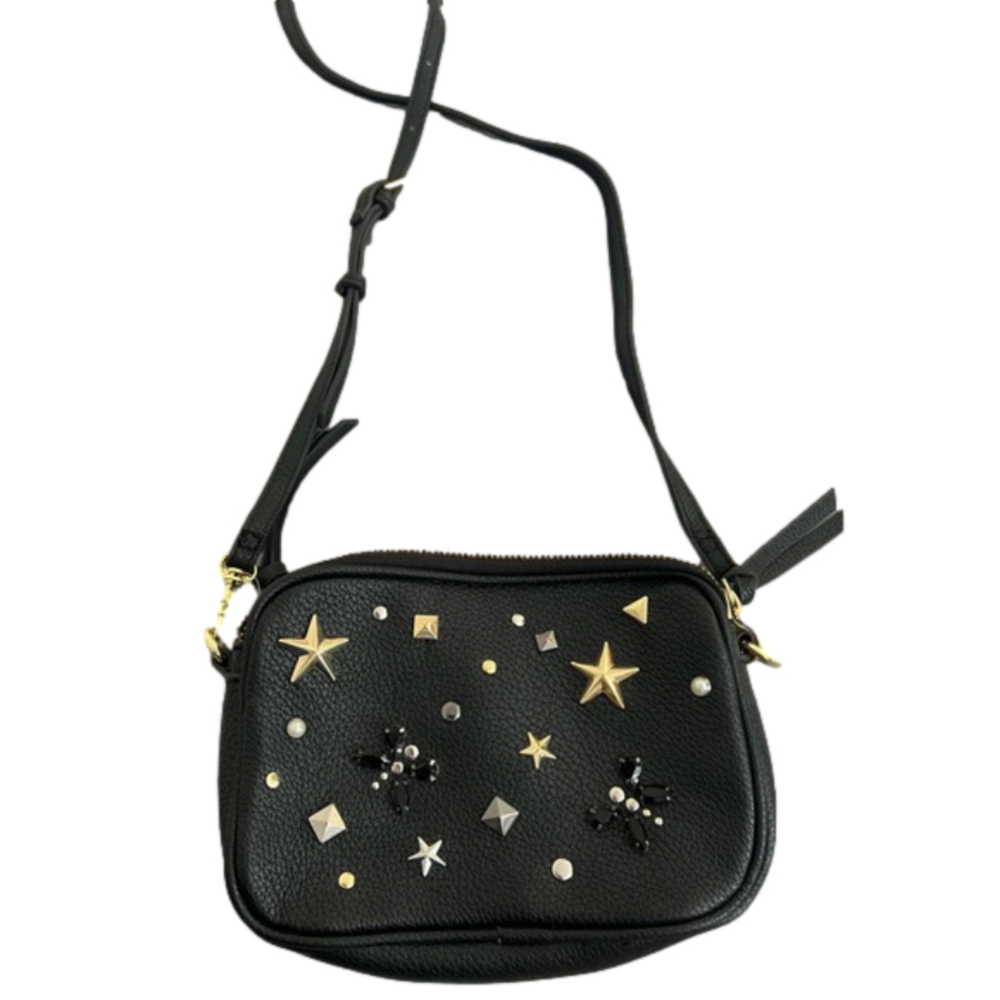 Women/girls’ black faux leather purse with gems and shoulder strap